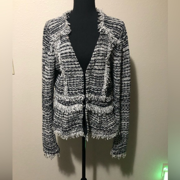 INC Cardigan Tweed Bouclé Jacket Fringe Detail Black and White Womens Size Large - Picture 5 of 8